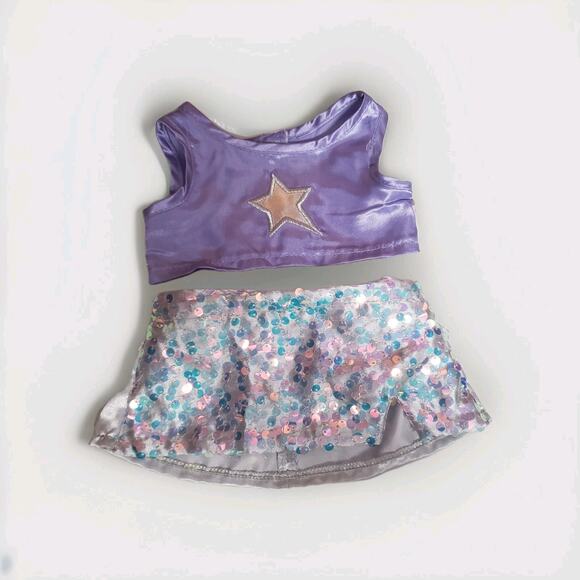 Build a Bear Honey Girls Star Sequin Silver Sequin Skirt Purple Shirt Outfit - Picture 1 of 5